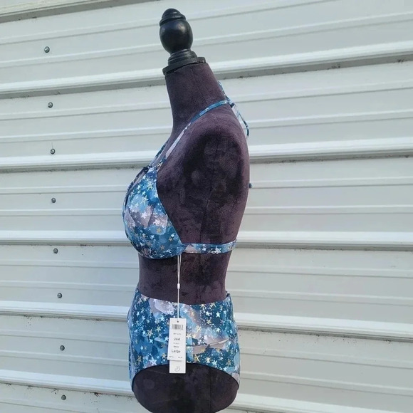 NWT B SWIM Nebula Blue Gold Set Triangle Top High-Waist Bikini Swim Bottom Sz L - Picture 12 of 16